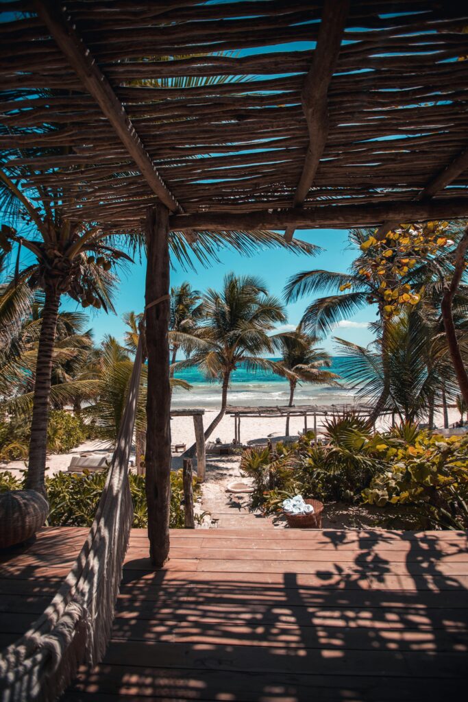 Beautiful view of Tulum Beach, Mexico from the shack making it one of the world's best beaches.
